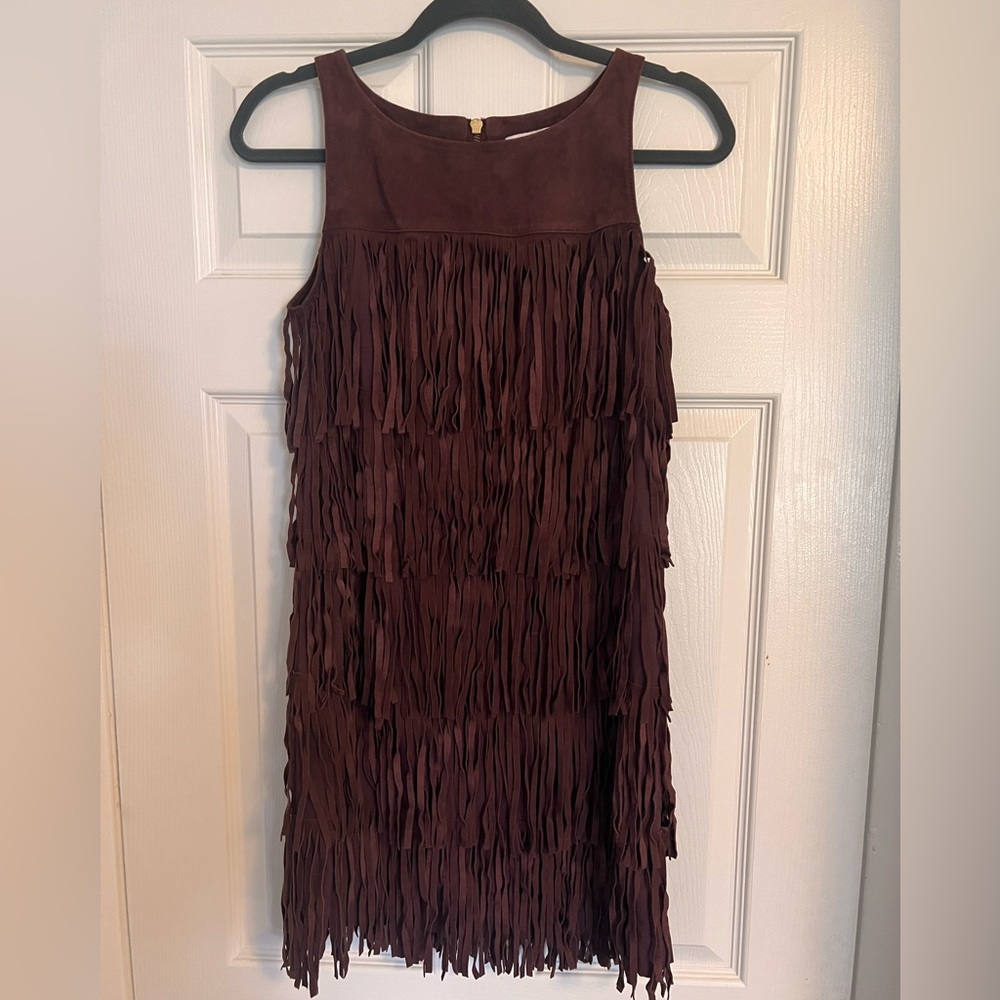 Olivia Palermo suede fringe purple mini dress xs